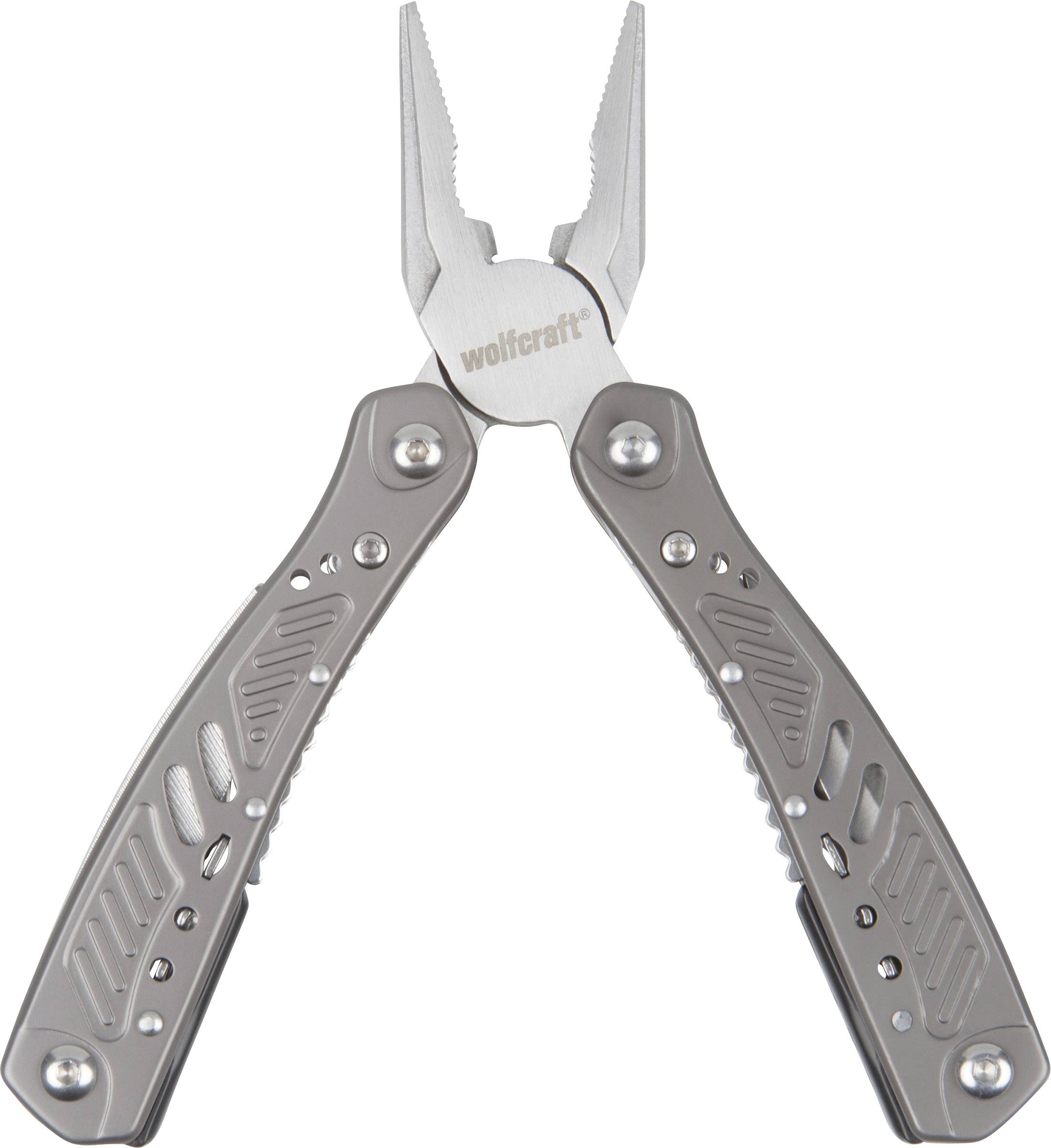 Metal multi-tool with pliers, featuring several integrated tools in the handles.