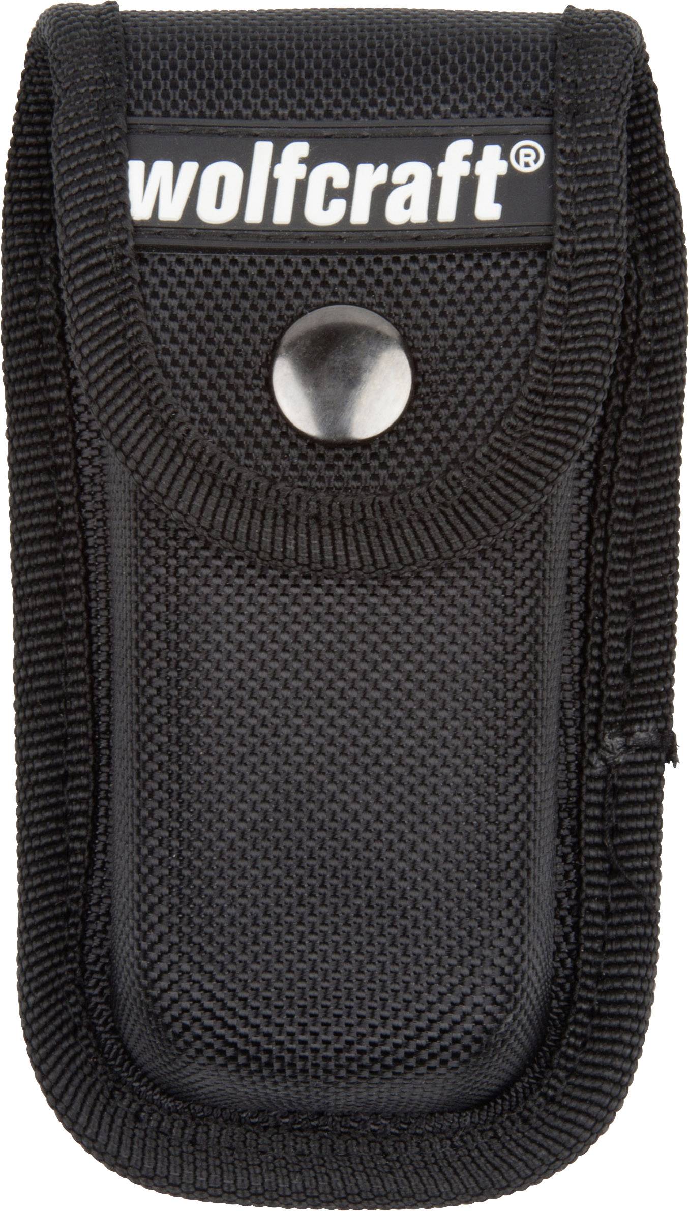 Black tool bag with press-stud fastening and 'wolfcraft' logo on top. The bag is made from structured material.