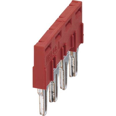 Red plastic bridge with five metal pins, likely an electrical connector or jumper for electronic circuits.