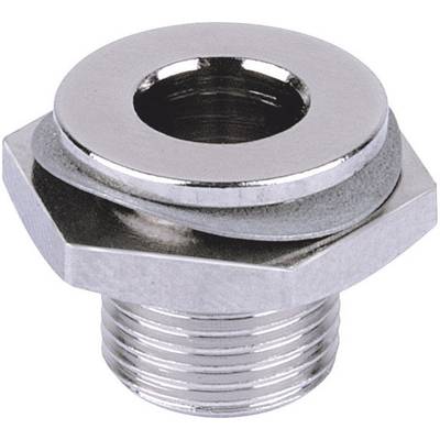 Metal flange connection with thread, hexagonal shape and flat head. Suitable for pipe or hose mounting.