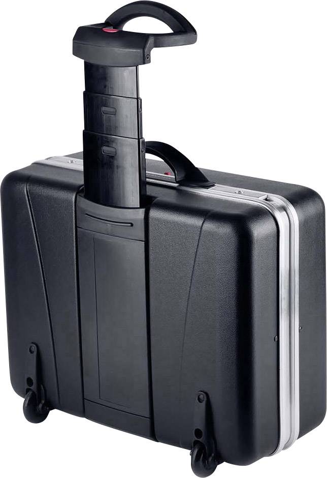 Black wheeled suitcase with two wheels and telescopic handle, suitable for business travel or office use.