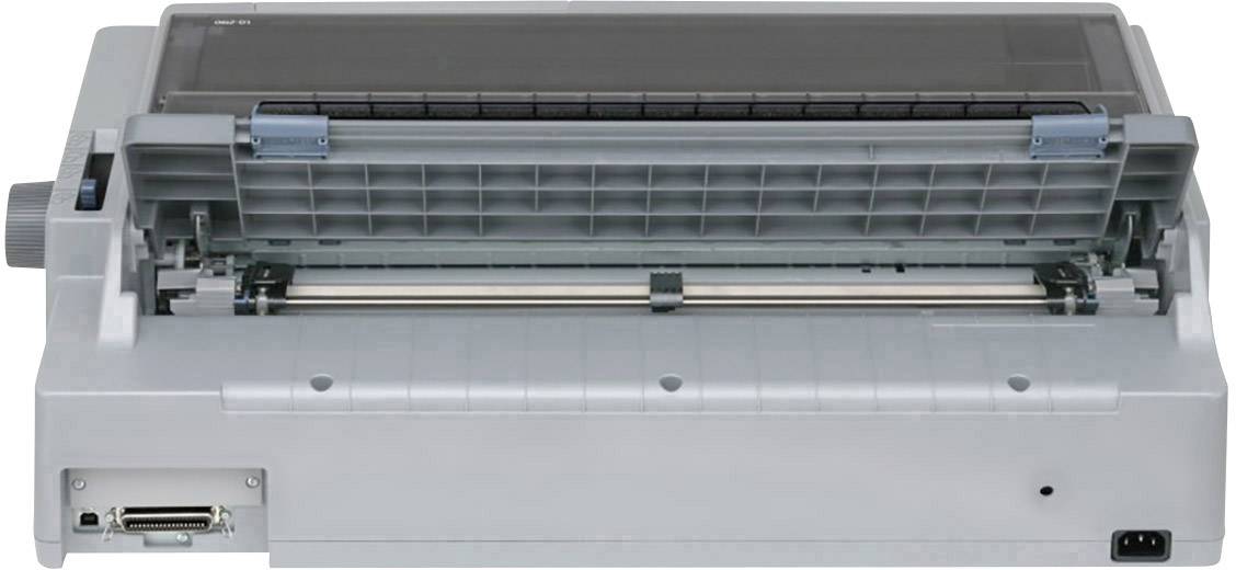 An open dot matrix printer reveals the print roller and mechanism, ready for paper insertion.