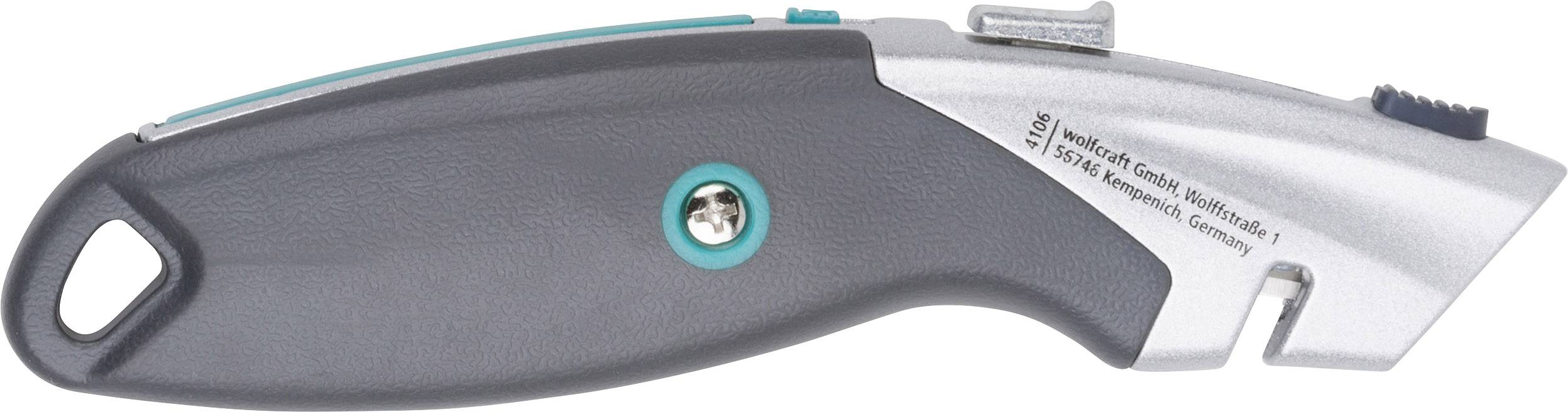Grey carpet knife with ergonomic handle, silver blade holder, and blue marking.