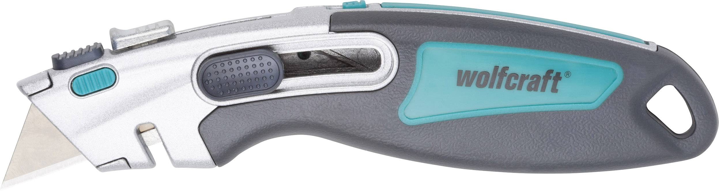A grey and turquoise universal knife with a retractable blade, suitable for cutting tasks, marked with 'wolfcraft'.