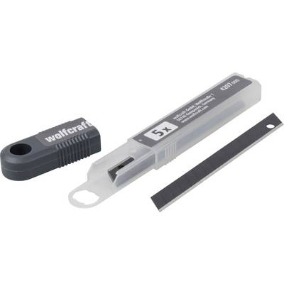Five replacement blades in a clear plastic packaging with a removable handle, labelled 'wolfcraft'.