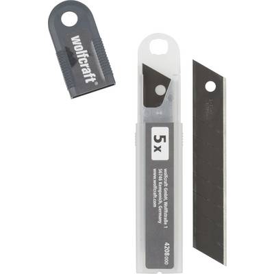 Five replacement blades in a transparent protective case and a black blade holder, brand name visible.