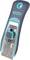 A grey and turquoise paint scraper with a sharp metal blade and non-slip handle. Suitable for removing paint and adhesive residues.