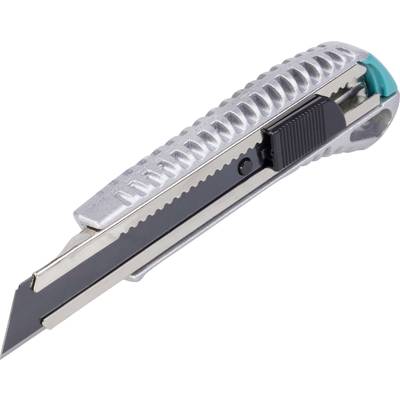 Grey utility knife with a ribbed handle and a black, extended blade, on a white background.