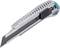 Grey utility knife with a ribbed handle and a black, extended blade, on a white background.