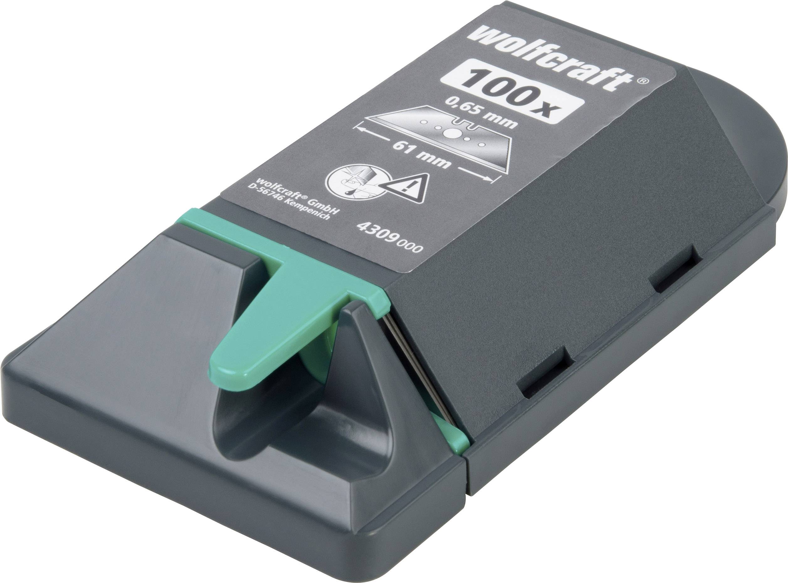 Packet of 100 Wolfcraft blades, 61 mm long, 0.65 mm thick, with green safety slider.