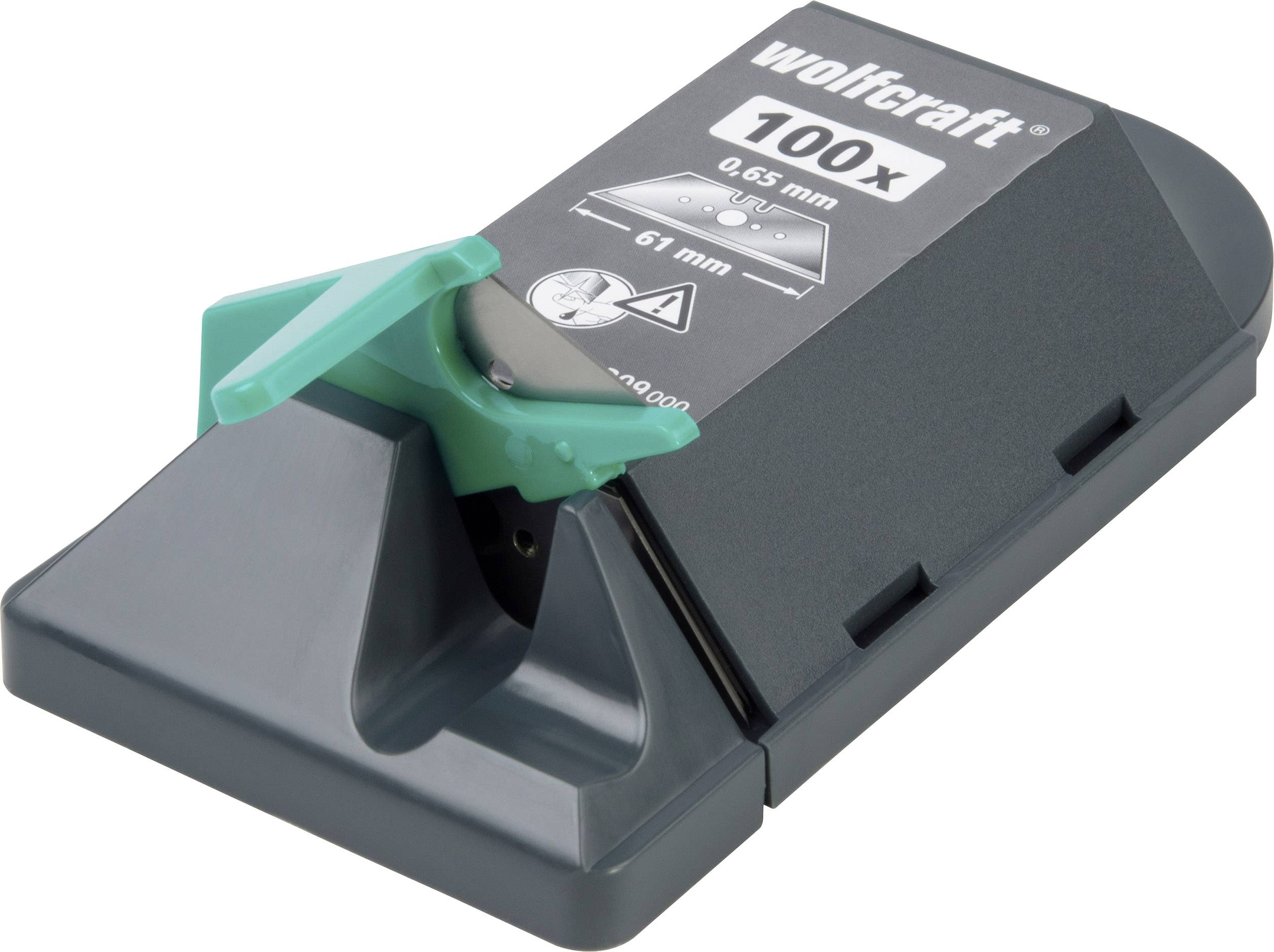 'Wolfcraft 100x' Tile Cutter with green and grey housing, suitable for 0.65 mm thickness and 61 mm width.