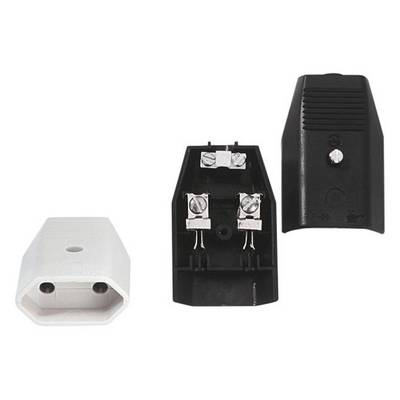 Two plastic enclosures for electrical plugs, one black and open, the other white and closed, with screw terminals.