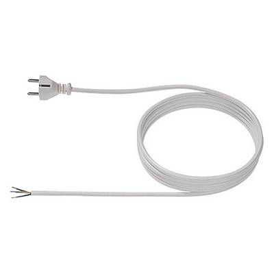 A white network cable with a plug on one side and bare, stripped ends on the other side. Lying on a white background.