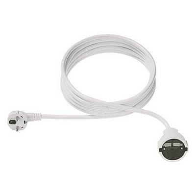 White extension lead with a Schuko plug and a Schuko socket, coiled on a light-coloured surface.