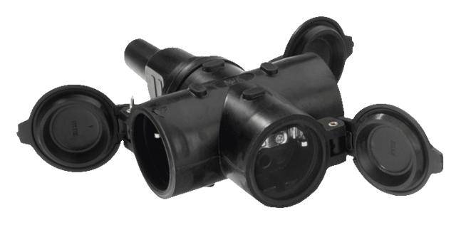 Black, cylindrical extension socket with three round sockets, two with open protective covers, for outdoor use.