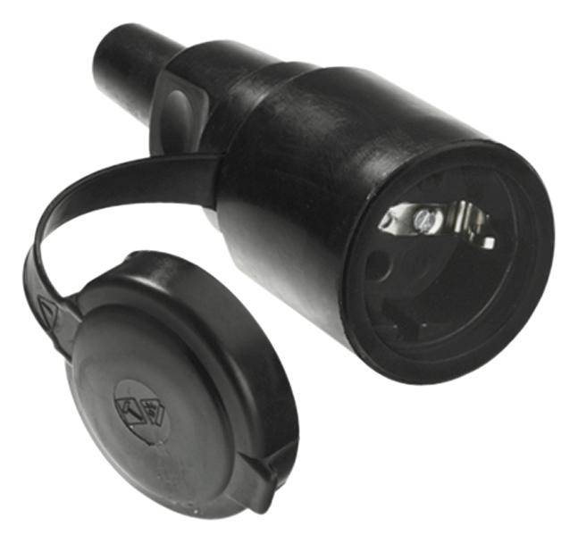 Black earthed plug with removable protective cover, used for electrical connections and safety.