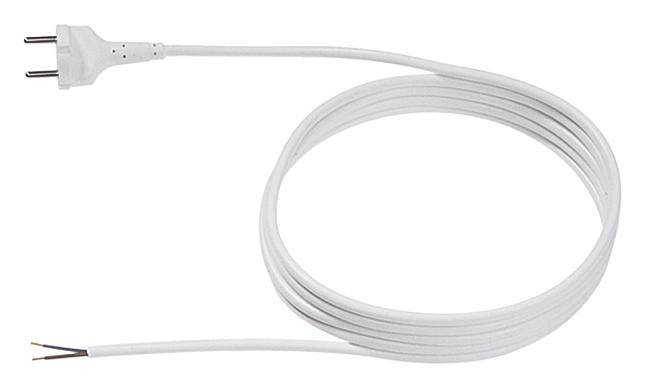 White, long power cable with a plug on one side and exposed wire ends on the other side.