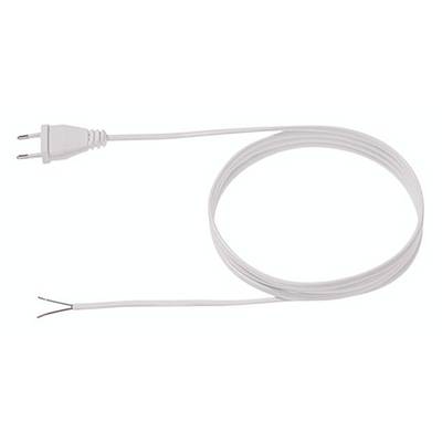 White electrical cable with a two-pin plug on one side and bare end wires on the other side.