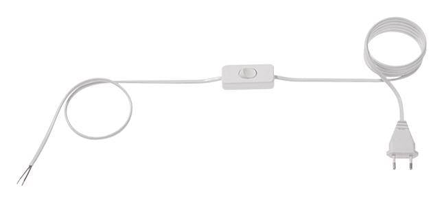 A white, spiral-shaped cable with a switch in the middle and a plug at the right-hand end. Two exposed wire ends on the left.