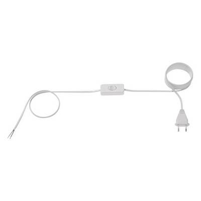 A white, spiral-shaped cable with a switch in the middle and a plug at the right-hand end. Two exposed wire ends on the left.