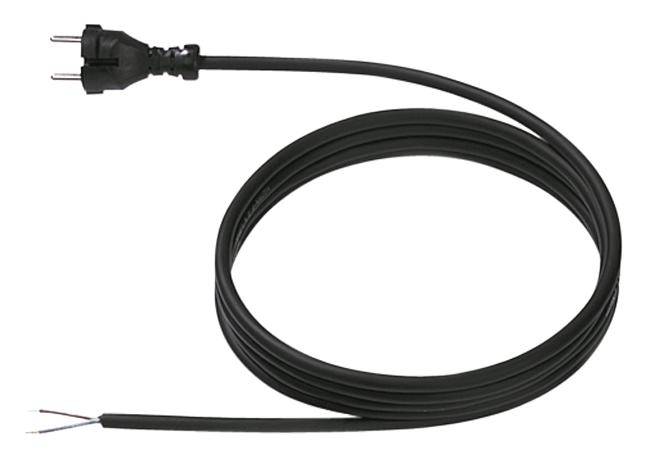 A black network cable with a European plug on one side and open ends for wiring on the other side.