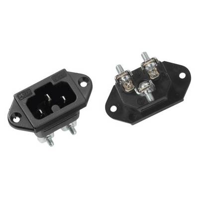 Black, rectangular power connector with two different views, showing front and back sides with contacts and screws.
