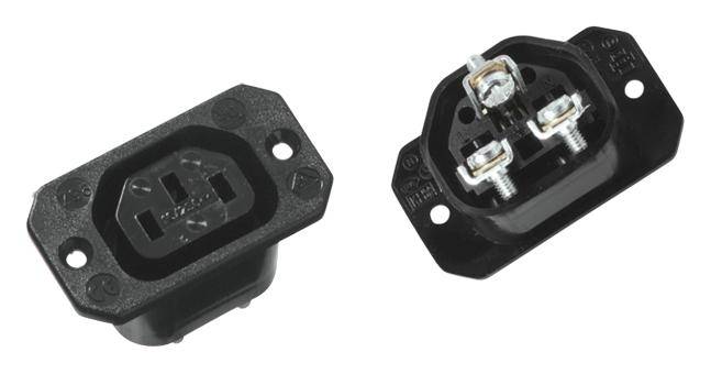 'Two black IEC connectors, front and rear view, for use in electrical devices.'