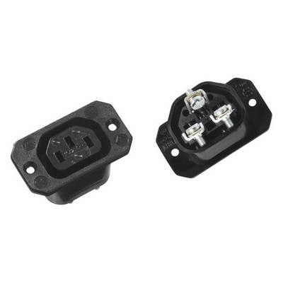 'Two black IEC connectors, front and rear view, for use in electrical devices.'