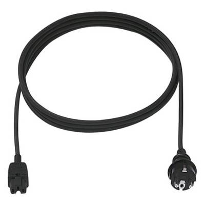 A black power cable with a Europlug for wall sockets on the right and an IEC connector on the left, suitable for electrical appliances.