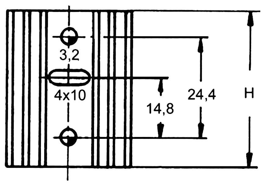 Technical Drawing: Rectangle with horizontal stripes, holes, and dimension markings. Dimensions: 3.2; 4x10; 14.8; 24.4, Height 'H'.