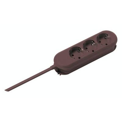 Brown three-way power strip with cable and switch, suitable for connecting multiple electrical devices.