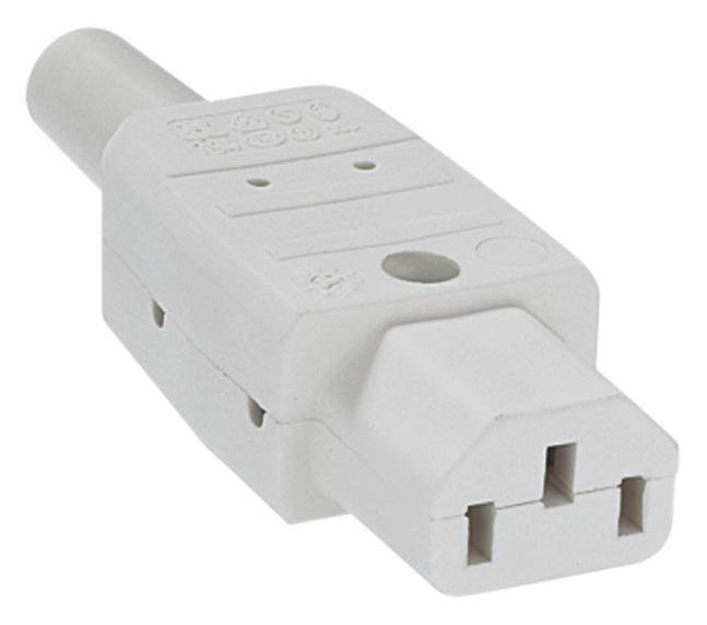 White IEC C15 plug with a rectangular shape and three contacts, commonly used for high-temperature electrical appliances.