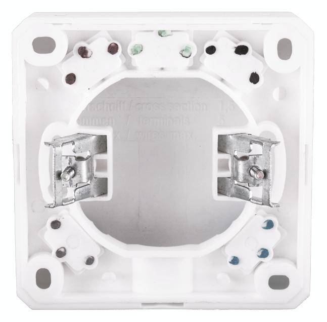 A white wall mounting bracket for installing electrical components, with metal hinges and multiple cable connection points.