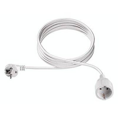 White extension lead with one plug and one socket, suitable for connecting household appliances.