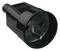 Black Schuko socket adapter for electrical devices, showing two metal contacts and protective earth, suitable for Europe.