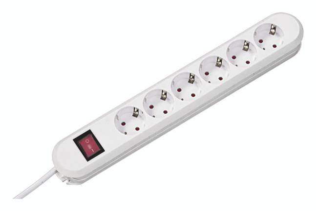 Six-way extension socket with on/off switch, suitable for connecting multiple electronic devices, white casing.
