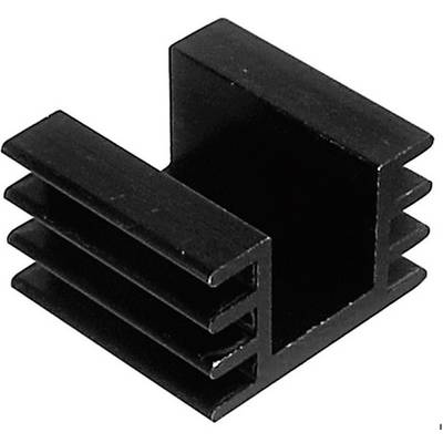 Black, rectangular heat sink component with finned sides for heat dissipation, typically used in electronic devices.