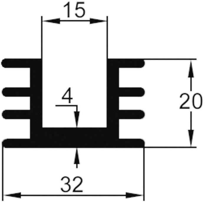 Technical drawing of a profile with dimensions: Total width 32 mm, height 20 mm, upper width 15 mm, spacing between elements 4 mm.