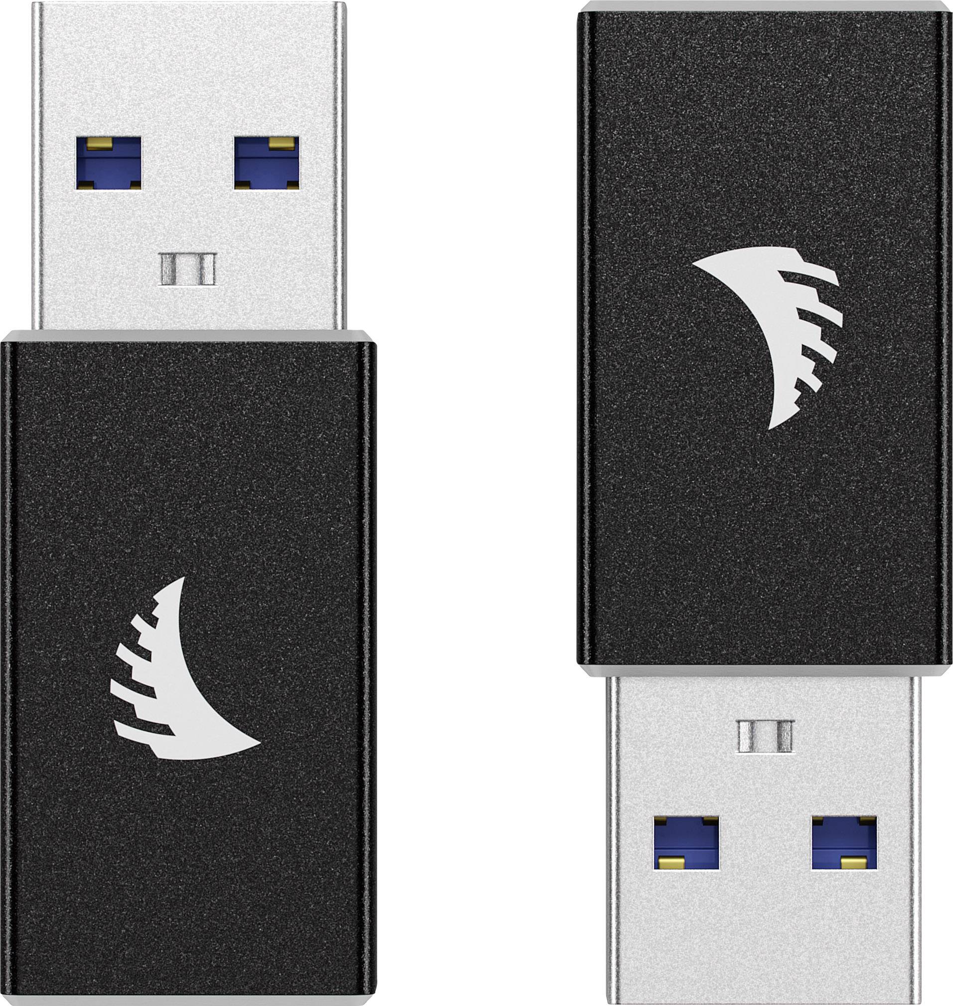 Two USB drives with black casings and white logos resembling a stylised shark are shown from the front and back.
