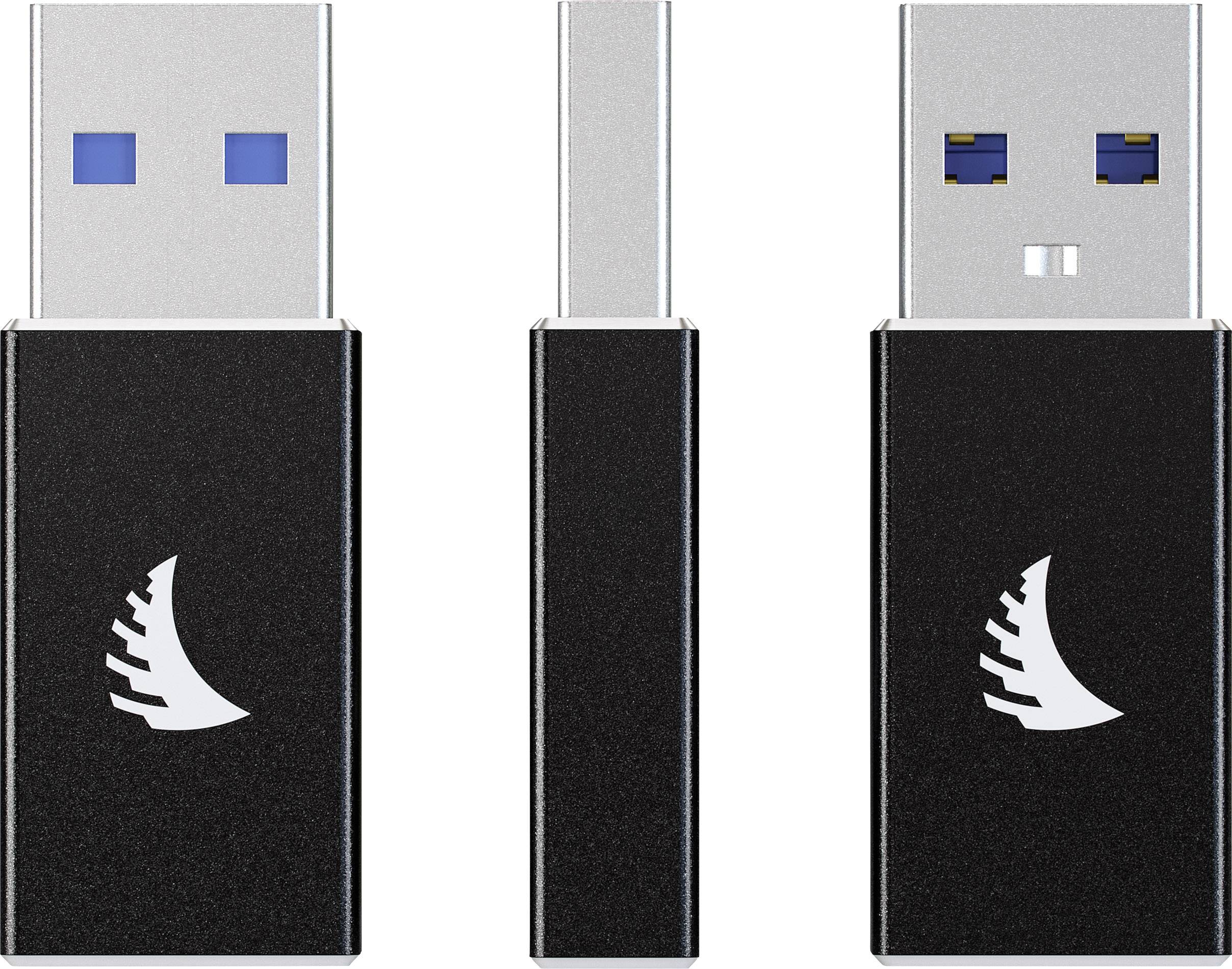 Three views of a black USB stick with a blue and silver connector, featuring a white logo.