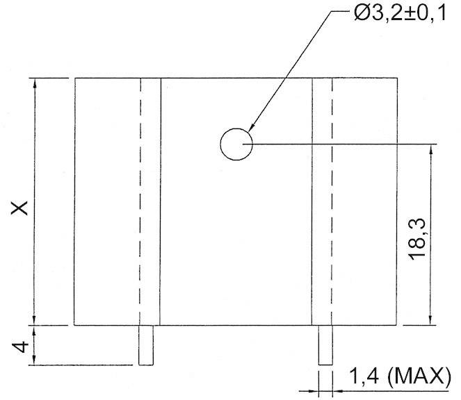 Technical drawing of a rectangular object with a central hole (Ø 3.2±0.1 mm), height 18.3 mm, width X mm, depth 4 mm. Maximum width 1.4 mm.