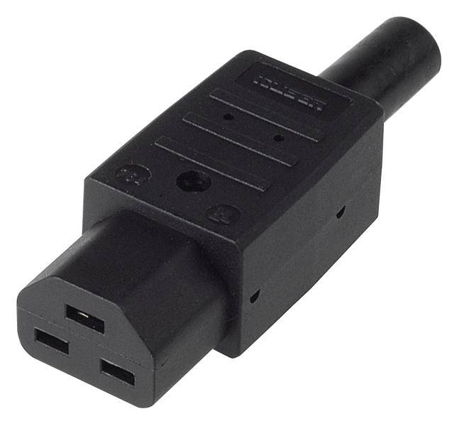 'Black three-pin IEC plug with cable entry, commonly used in electrical equipment and IT infrastructure.'