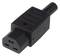 'Black three-pin IEC plug with cable entry, commonly used in electrical equipment and IT infrastructure.'