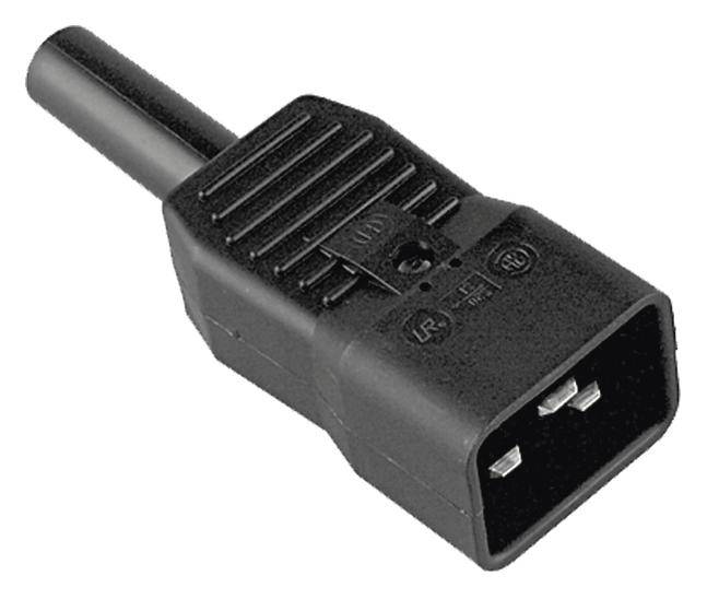 A black IEC C14 power plug with three metal contacts and a textured grip.