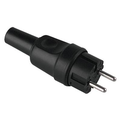 Black European plug with two round pins, suitable for electrical devices in Europe, against a white background.