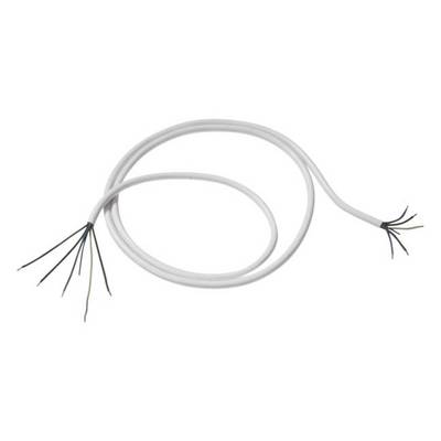 A white, multi-core cable, with its ends stripped, reveals several black wires with exposed copper tips.