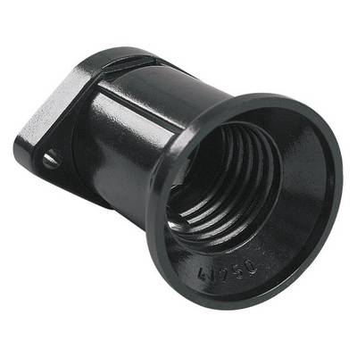 Black plastic pipe fitting with internal thread, cylindrically shaped, suitable for various connection applications.