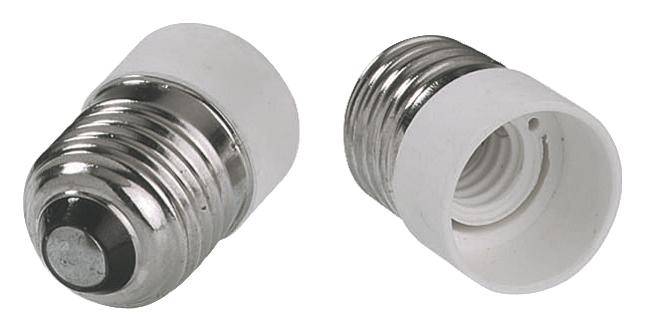 Two adapters for light bulbs with white plastic and metal threading are lying next to each other, one showing the front side, the other the back side.