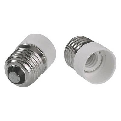 Two adapters for light bulbs with white plastic and metal threading are lying next to each other, one showing the front side, the other the back side.