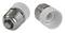 Two adapters for light bulbs with white plastic and metal threading are lying next to each other, one showing the front side, the other the back side.